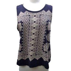 Lucky Brand Women's XL TG EG Navy with White Design Tank Top Pullover Bohemian